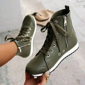 Women Fashion Casual Sport Ankle Boots With Lace-Up And Side Zipper, Mid-Top